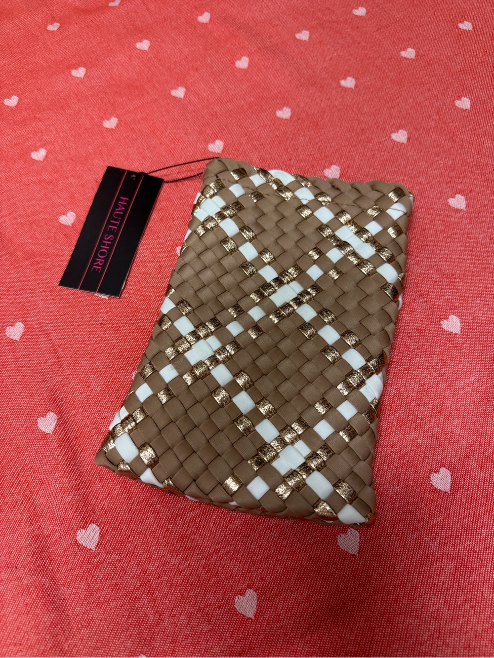 HAUTE SHORE Taupe, White & Gold Braided Wristlet